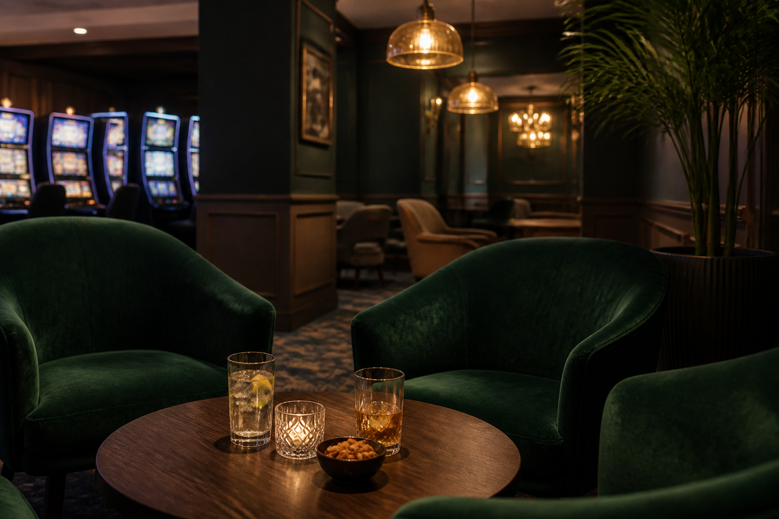 Ruhige Lounge mit grünen Sitzmöbeln und warmem Licht